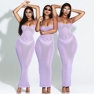 Naked Wardrobe Open Knit Crochet Lavender Maxi Bodycon Dress M